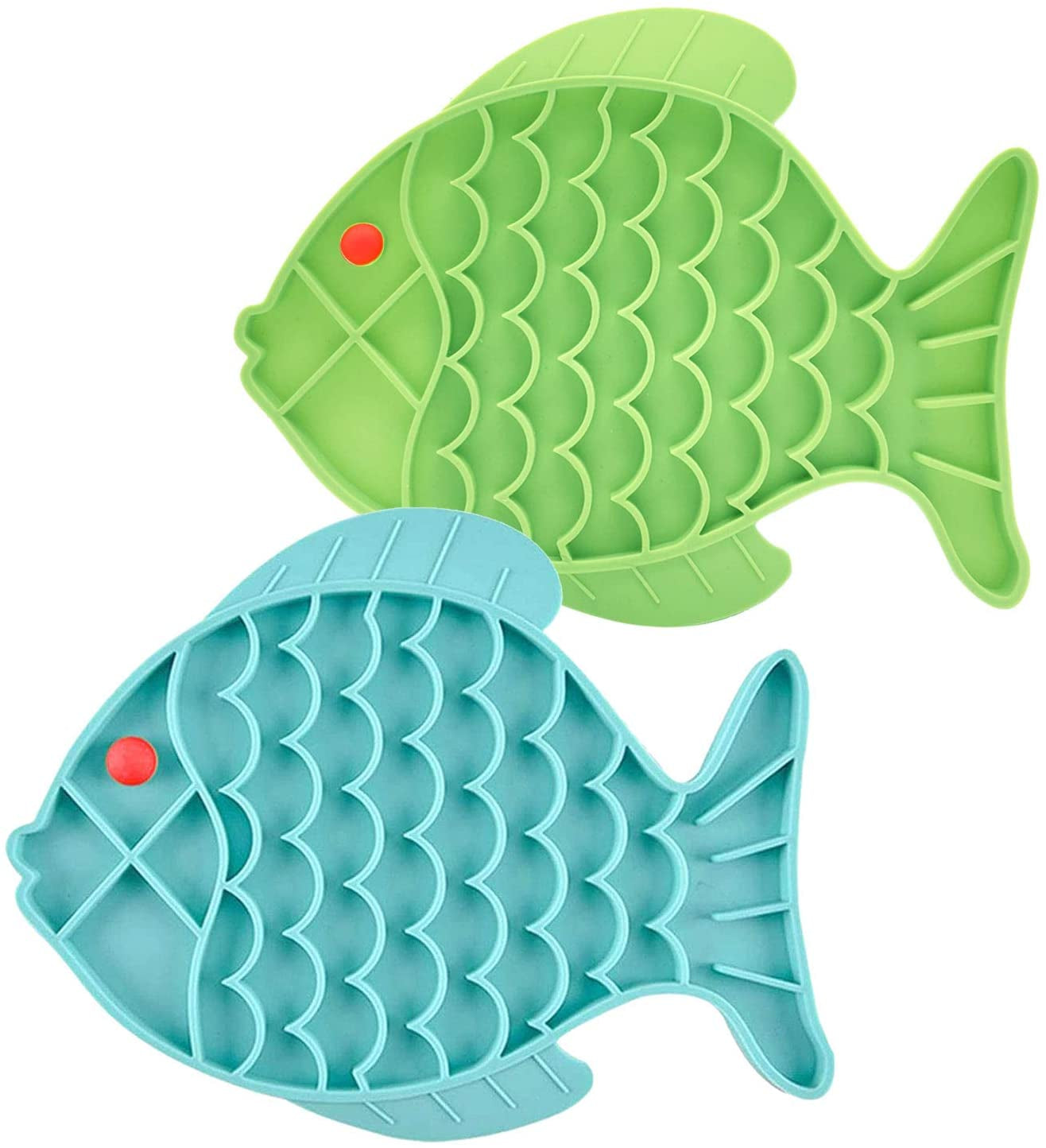 Cat Slow Feeder,2 Pack Fish-Shaped Cat Lick Treat Mat for Cats Dogs Anxiety Relief, Cat Puzzle Feeder Cat Bowl, Fun Alternative to Slow Feeder Cat Bowl (Blue and Green).