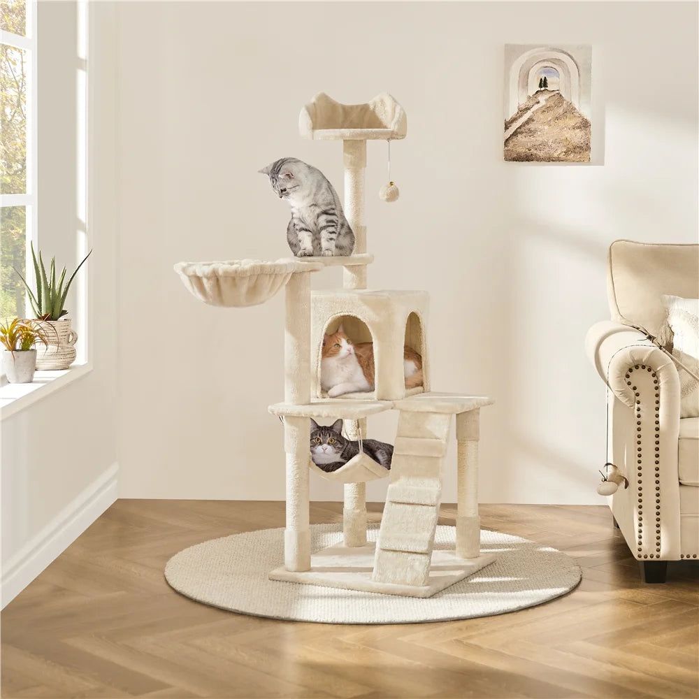 54" Cat Tree with Hammock, Basket and Scratching Post Tower, Beige