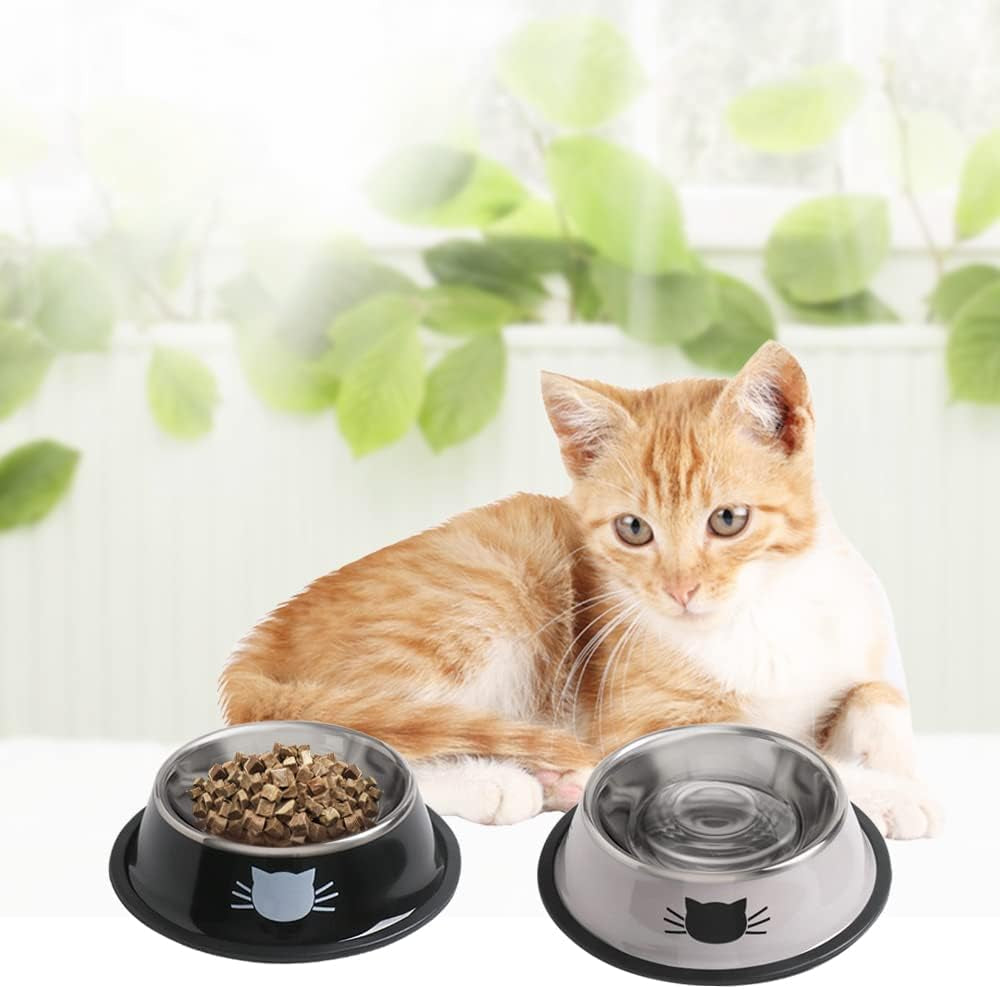 Cat Bowls for Food and Water,2Pcs  Non-Slip Stainless Steel Small 8 Oz Pet Bowl with Removable Rubber Base Dog Bowl,Stackable Puppy Dishes with Cute Cat Painted