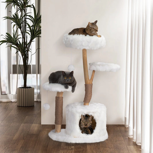 42-In Modern Cat Tree Tower for Large Cats, Natural Branch Cat Condo with 3 Platforms, Scratching Posts, Cat Cave Bed, White