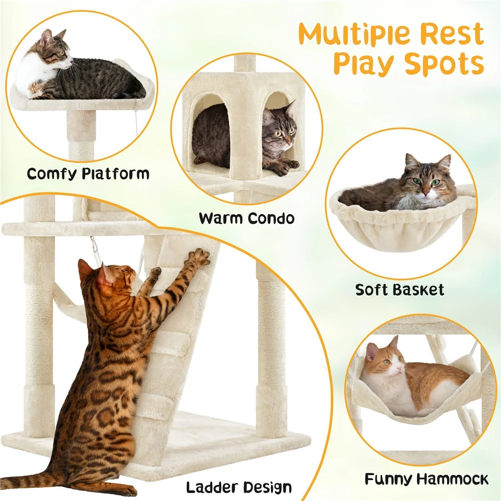 54" Cat Tree with Hammock, Basket and Scratching Post Tower, Beige