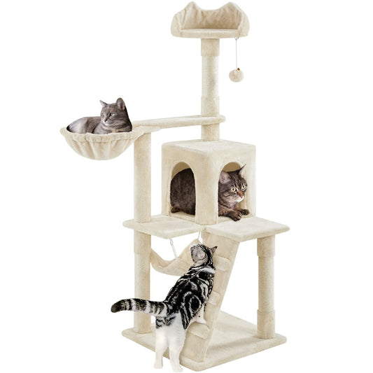 54" Cat Tree with Hammock, Basket and Scratching Post Tower, Beige