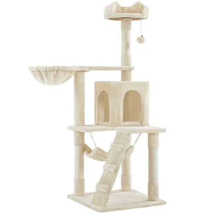 54" Cat Tree with Hammock, Basket and Scratching Post Tower, Beige