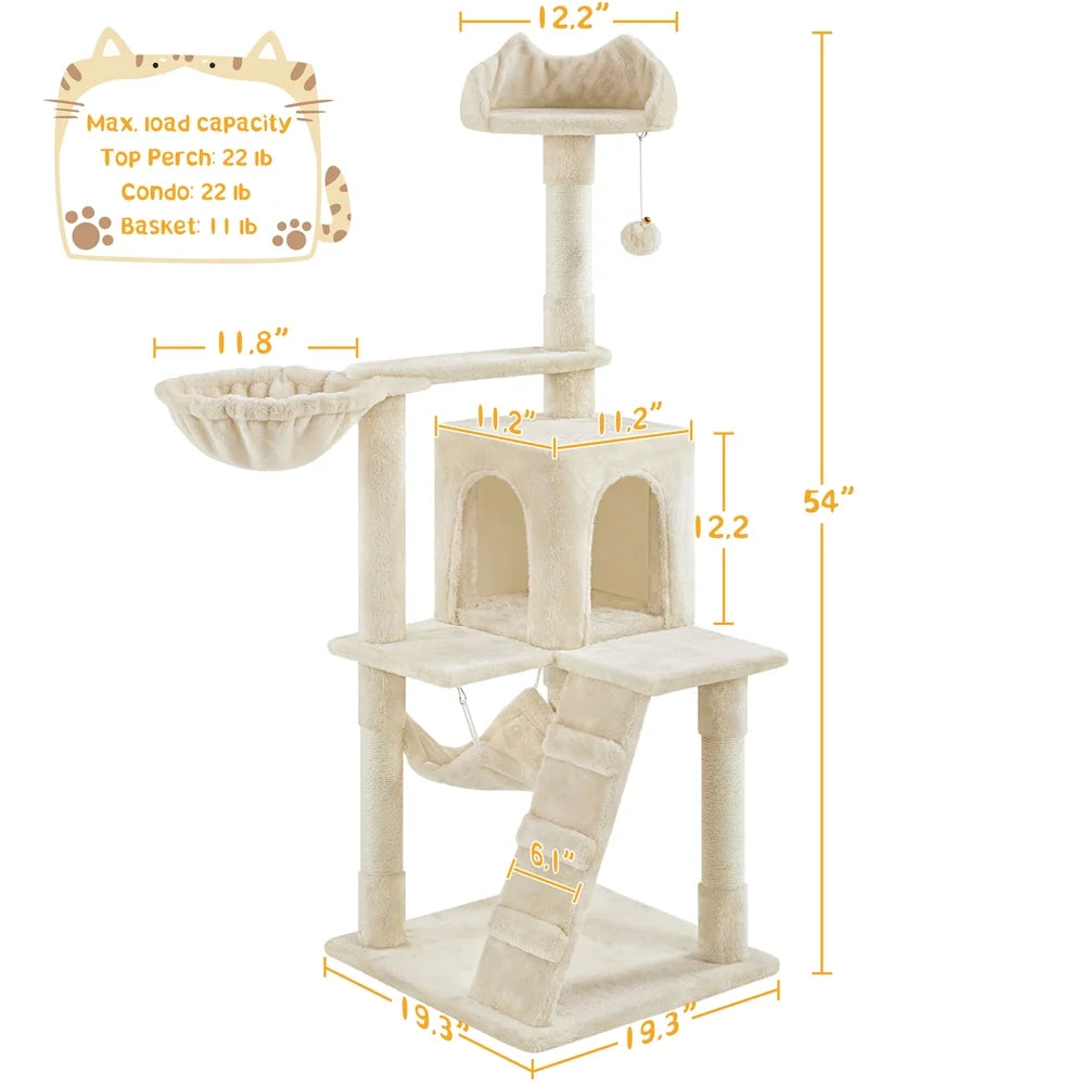 54" Cat Tree with Hammock, Basket and Scratching Post Tower, Beige