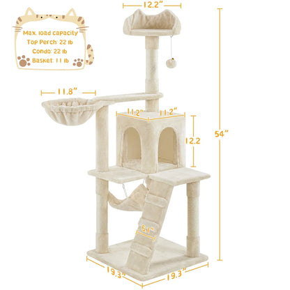 54" Cat Tree with Hammock, Basket and Scratching Post Tower, Beige