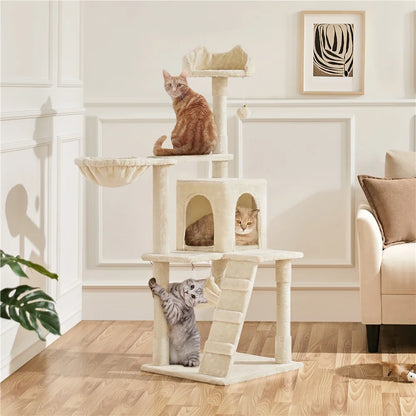 54" Cat Tree with Hammock, Basket and Scratching Post Tower, Beige