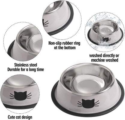 Cat Bowls for Food and Water,2Pcs  Non-Slip Stainless Steel Small 8 Oz Pet Bowl with Removable Rubber Base Dog Bowl,Stackable Puppy Dishes with Cute Cat Painted