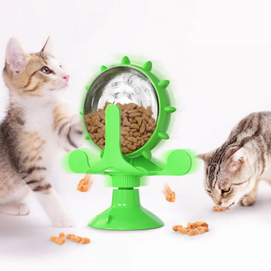 Cat Food Puzzle, Windmill Cat Toy, Turntable Food Dispenser, Multifunctional Interactive Teasing, Funny Kitten Toys Cat Leaking Food Puzzle Toy with Strong Suction Cup