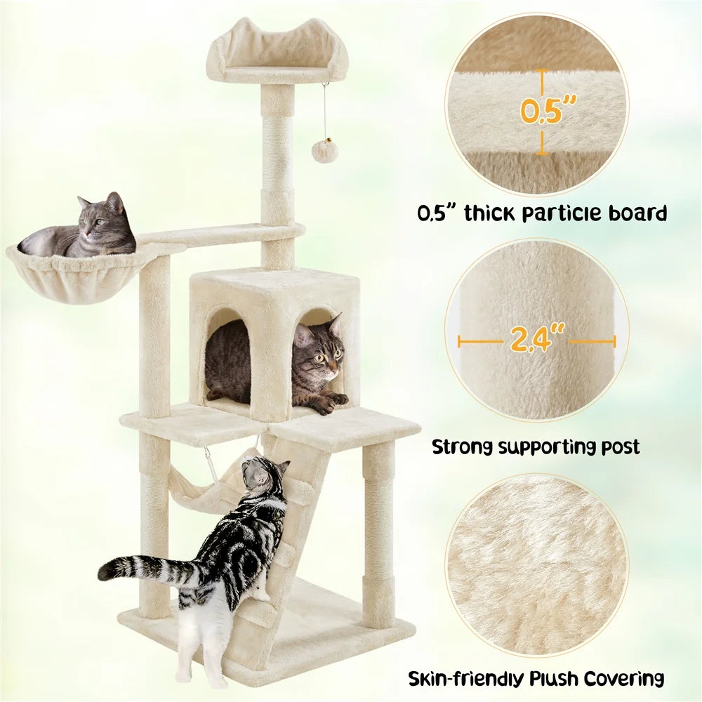 54" Cat Tree with Hammock, Basket and Scratching Post Tower, Beige